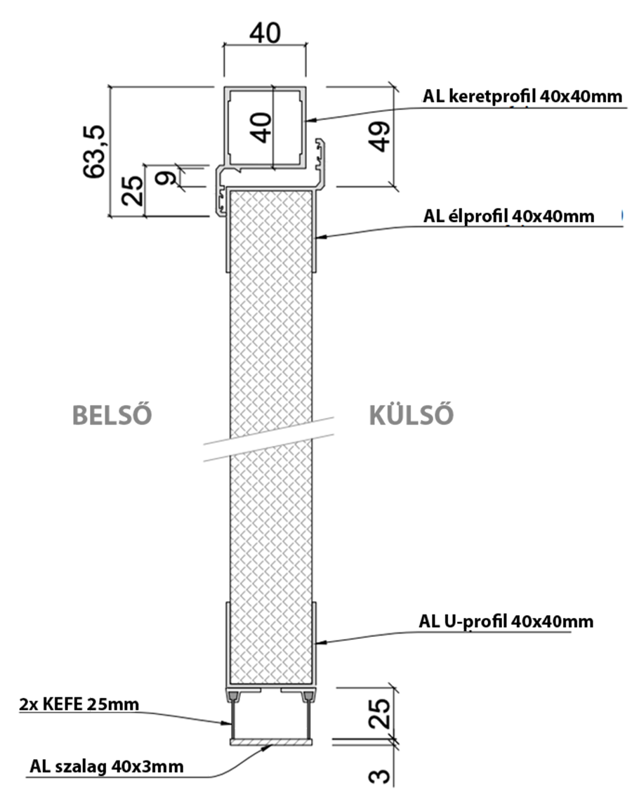 Függőleges metszet a kétszárnyú garázskapu 40 x 3 mm küszöbprofillal
