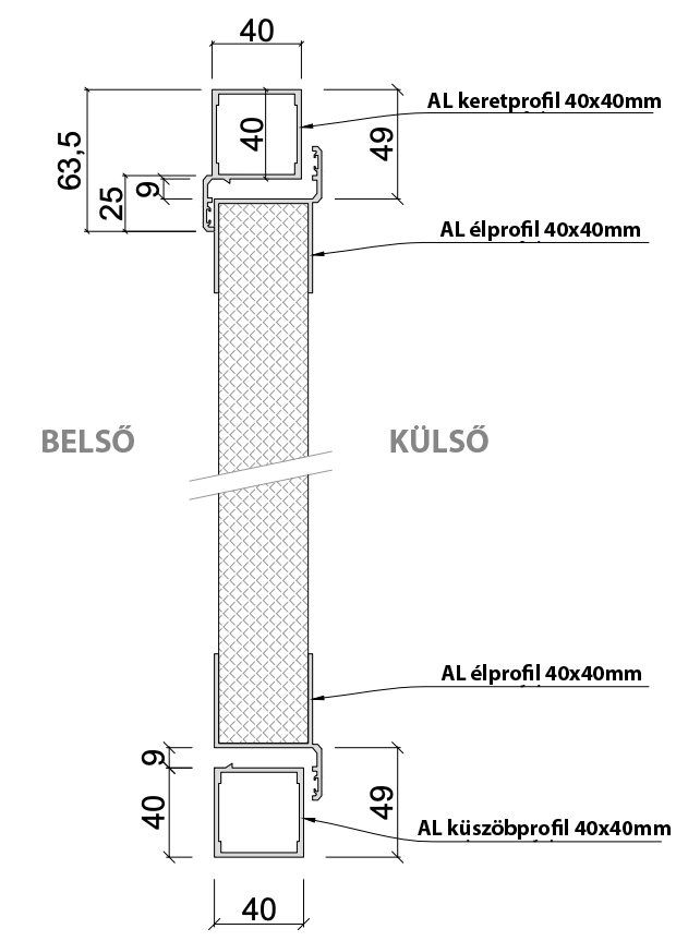 Függőleges metszet a kétszárnyú garázskapu 40 x 40 mm küszöbprofillal